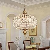 HUOKU Gold Crystal Chandelier, 16.5" Modern 4-Light Round Crystal Pendant Light Antique Globe Foyer Chandelier for Dining Roo
