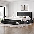 Yaheetech King Size Bed Frame with 2 USB Charging Station/Port for Type A&Type C/4 Storage Drawers, Leather Upholstered Platform Bed with Headboard/Solid Wood Slat Support/No Box Spring Needed/Black