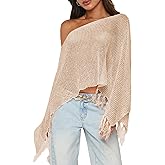 RPYHF Womens Summer One Shoulder Knit Sheer Poncho Trendy Lightweight Boat Neck Fringe Pullover Sweaters