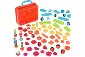 Battat Bristle Blocks Big Value Case, 85-Piece Building Blocks, Playset | Interlocking bristle blocks with 8 wheels, family and animal figurines, and reusable carry case with handle, 2+ Years