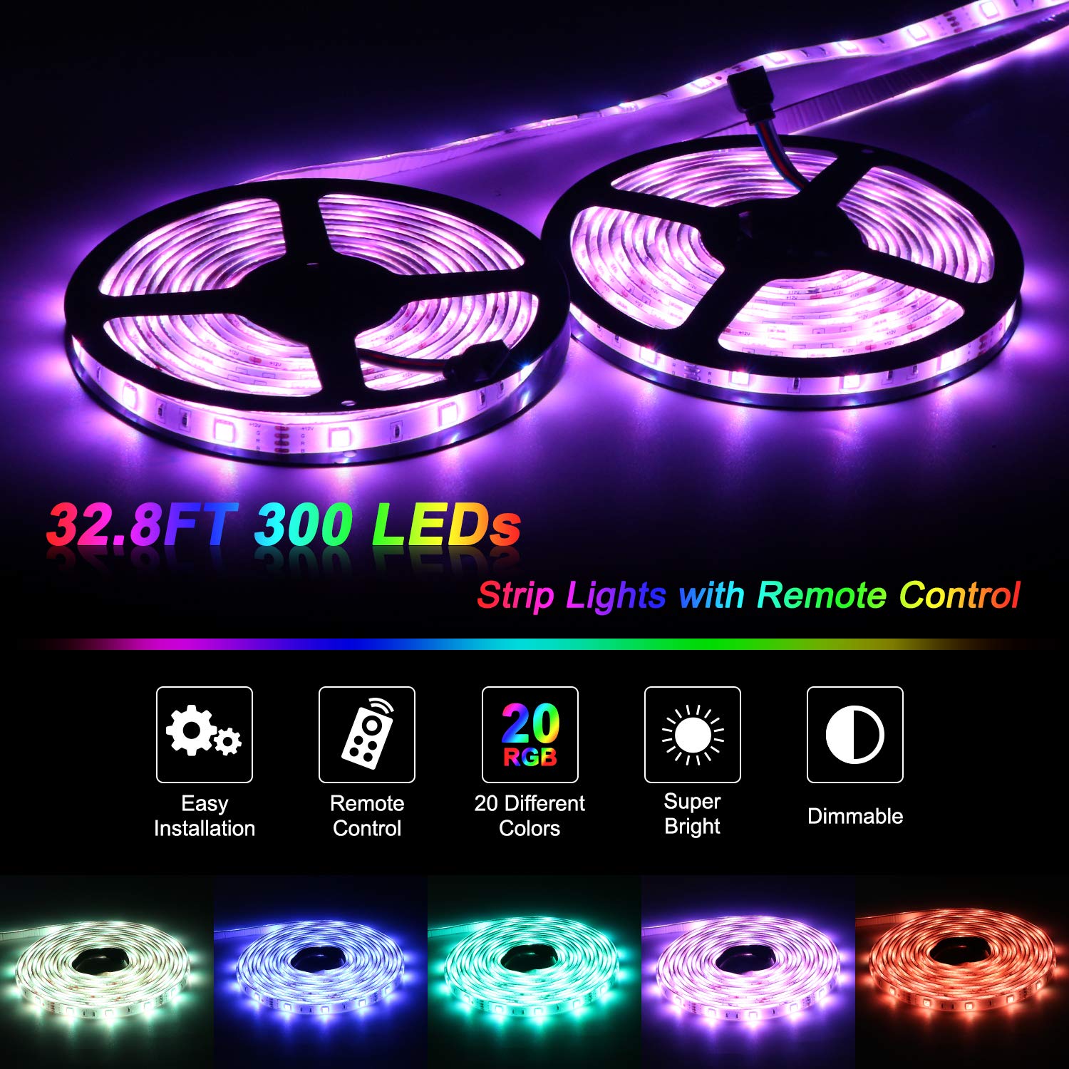 Led Strip Lights, 32.8ft/10M SMD5050 Waterproof RGB Strip Lights, Color Changing Led Strip Lighting with 44 Key Remote Controller for Home Kitchen Bed Flexible Strip Lights for Bar Home Decor
