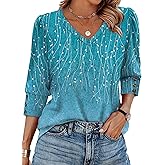 XIEERDUO Womens 3/4 Sleeve Tops with Buttons V-Neck Summer Outfits Casual Blouses Shirts Beach Vacation Fall Clothes 2025