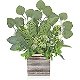 Hollyone Artificial Eucalyptus Plant in Rustic Wood Planter 14" Faux Eucalyptus Fern Greenery Arrangement Potted Plant Centerpiece for Farmhouse Home Indoor Wedding Table Mantel Shelf Kitchen Decor