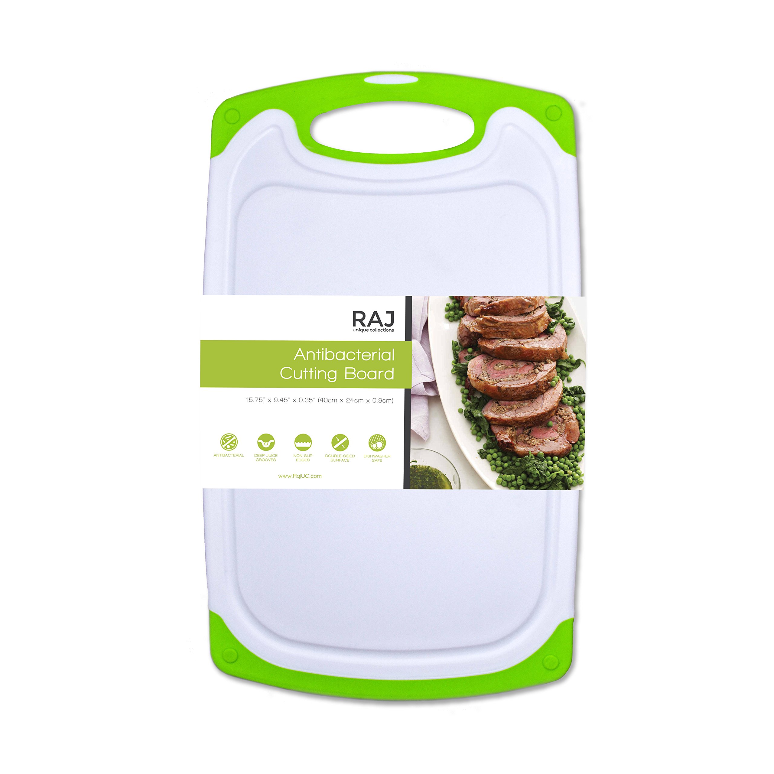 Raj Non-Slip Antibacterial Plastic Cutting Board, Deep Juice Groove, Dishwasher Safe, BPA Free, FDA Approved White and green (1 Piece Large, White board with Green Ends)