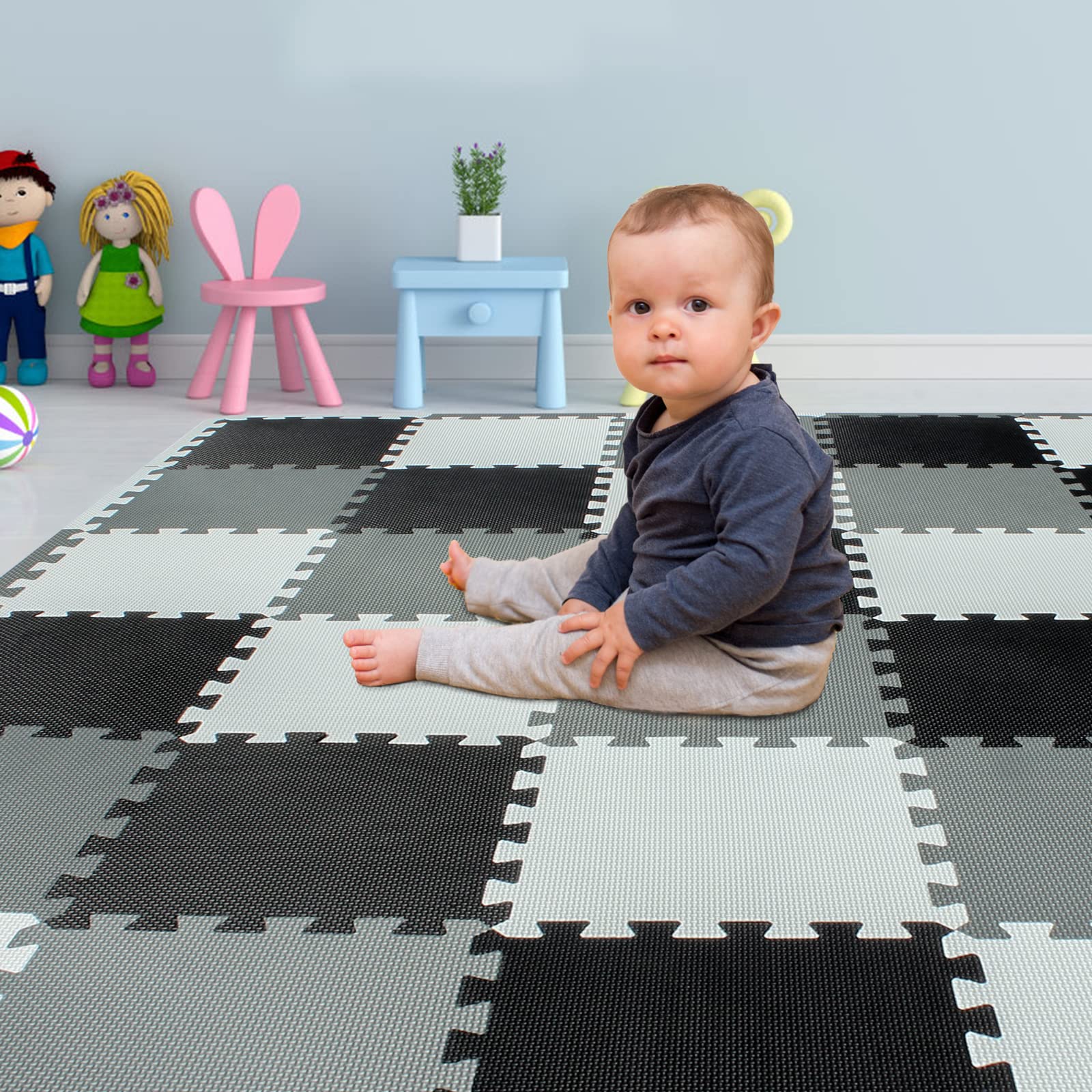 Yostrong 18 Tiles Interlocking Puzzle Foam Baby Play Mat with Straight Edges for Playing - EVA Babies Crawling Mat | Rubber Floor Work Out Mats for Home Gym. White, Black, Gray. YOC-ADLb18S18
