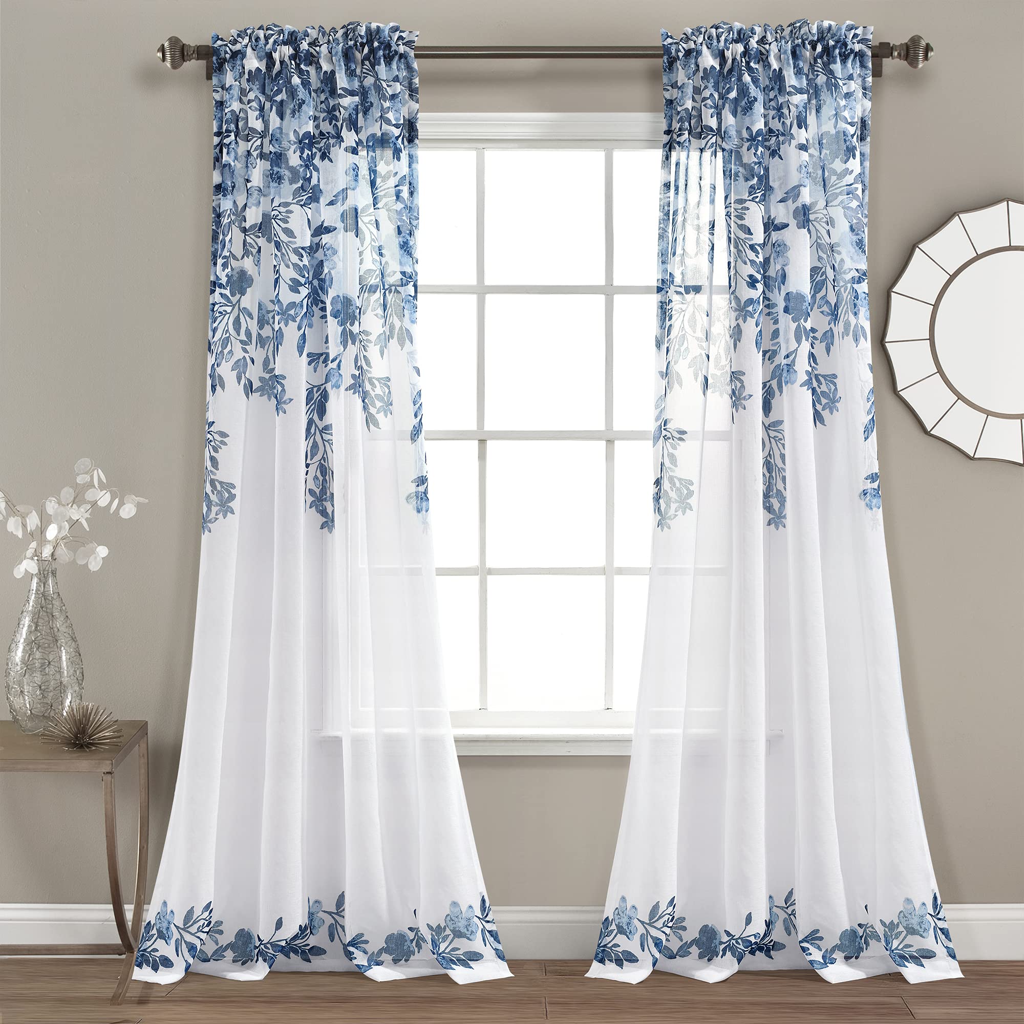 Lush Decor Tanisha Curtains - Sheer Window Panel Set - Floral Vine Print, Beautiful, Modern, Elegant Home Decor - 38" W x 84" L, Navy & White