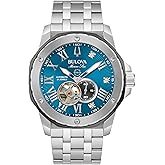 Bulova Marc Anthony Men's Automatic Marine Star Stainless Steel Watch,Open Aperture,Exhibition Case Back,Diamond Accent Blue Sunray Dial, (Model:98D184)