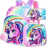 FTJCF 3PCS Unicorn Backpack, 16" Girls Rainbow Sequins Kids Bookbag with Lunch Box, School Bags for Elementary Preschool Kindergarten - Pink
