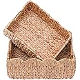 LUSYDECO Set of 2 Scalloped Edge Wicker Storage Basket with Built-in Handles, Rectangle Water Hyacinth Basket for Organizing, Decorative Woven Rattan Baskets