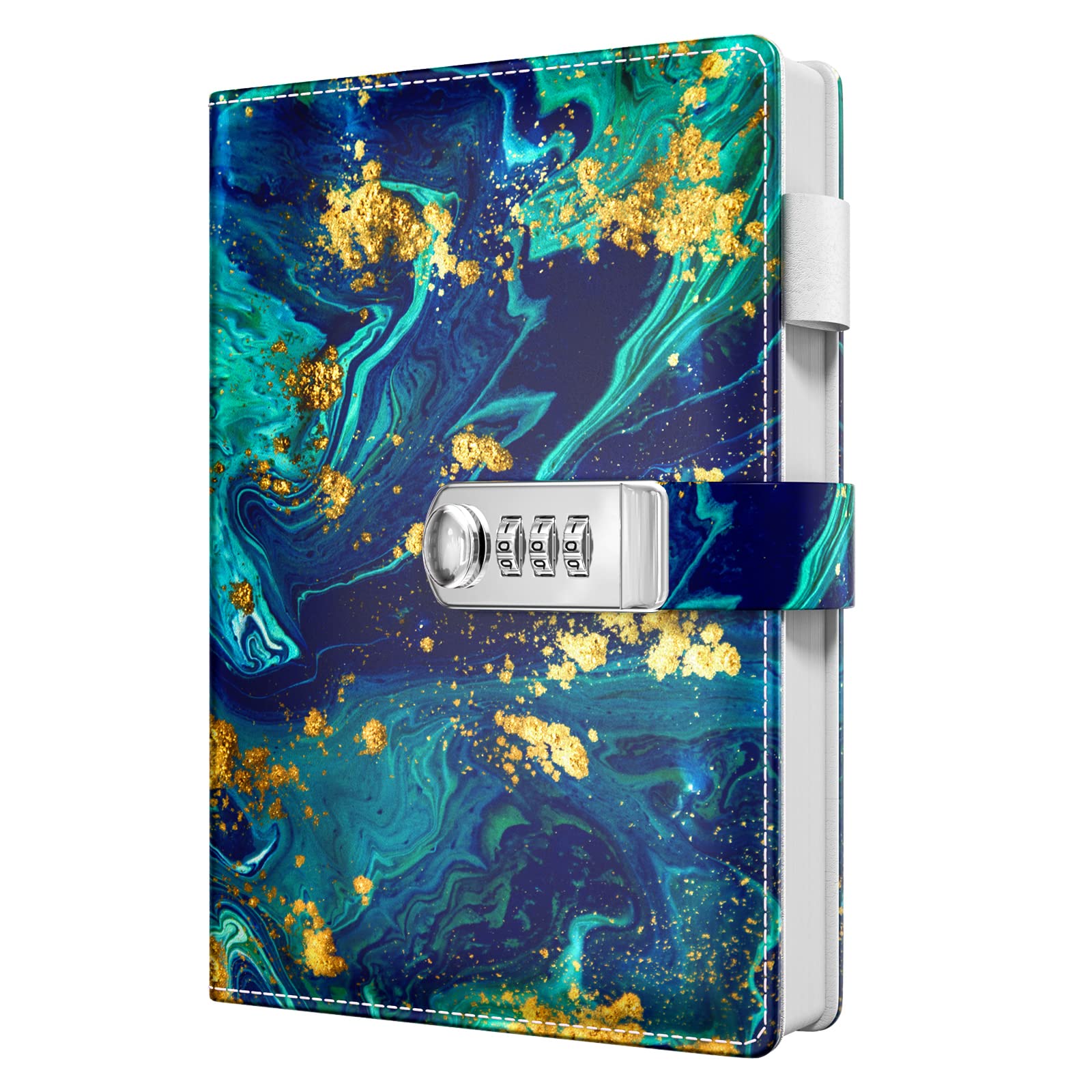 Huamxe Diary with Lock, Personal Locking Journal for Women Girls, Leather Hardcover Notebook A5 5.9" x 8.7", 200 Pages Thick Paper, Cute Lined Journals for Writing Journaling Adults, Blue&Gold Marble
