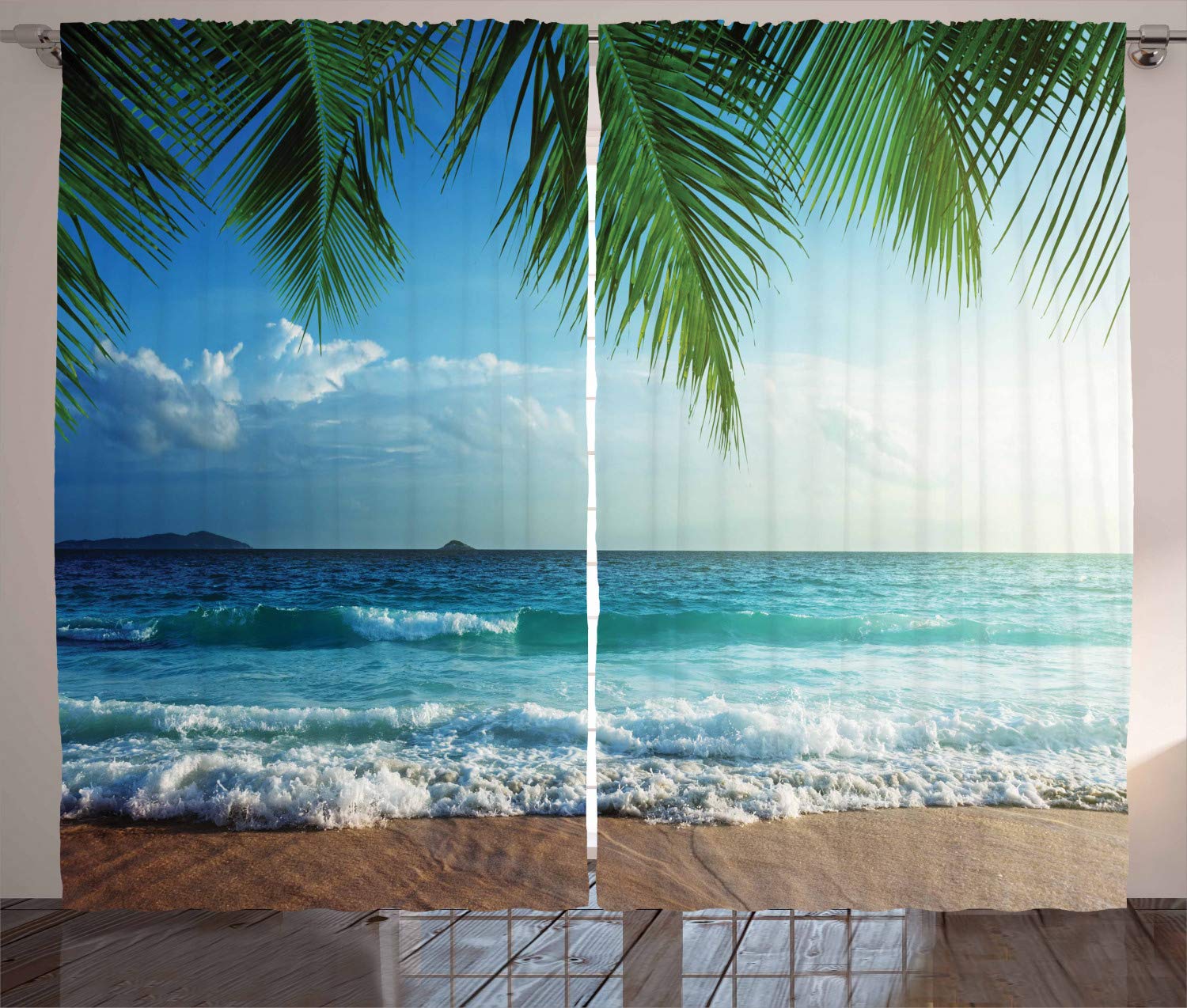 ABAKUHAUS Ocean Curtains, Palms Tropical Island Beach Maldives Photography Home Postcard Traveler Explorer, Living Room Bedroom Window Drapes 2 Panel Set, 280 x 245 cm, Blue Green — image 1