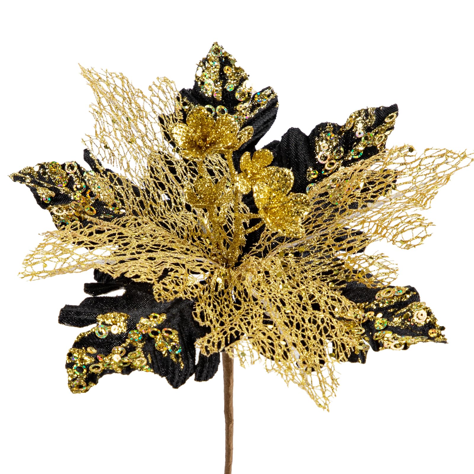 Arborus 6PCS Artificial Flowers Christmas Glitter Poinsettia 11.4" Artificial Large Christmas Flowers Xmas Tree Decorations Black Poinsettia Xmas Decorations for Garland Wreath DIY Decor