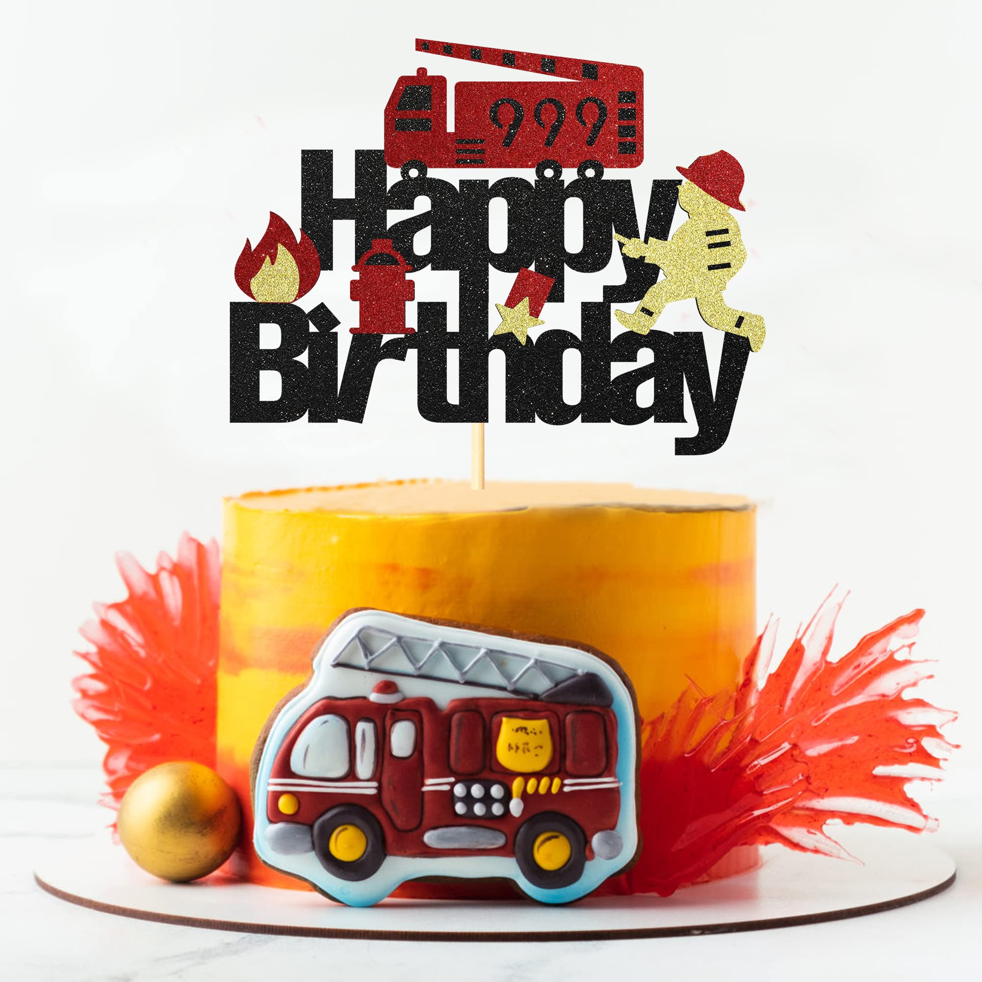 1PC Fireman Birthday Cake Topper Black Red Glitter 999 Fireman Truck Fire Hydrant Cake Topper for Boys Man Kids Baby Shower Firefighter Theme Birthday Party Cake Decoration