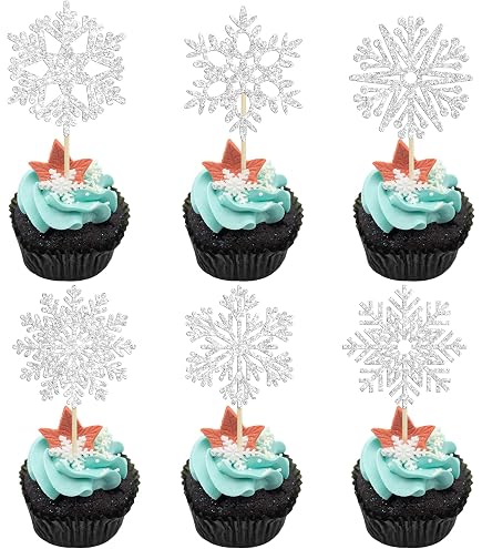30Pcs Snowflake Glitter Cupcake Toppers - Frozen Winter Theme Cake Decor For Baby Shower, Christmas, Birthday Party Supplies