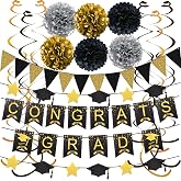 Graduation Decorations for 2026, Congrats Grad Banner and Star Cap Garland, Pennant Banner, Black and Gold Tissue Paper Pompoms, Hanging Swirls, for Graduation Party Decorations