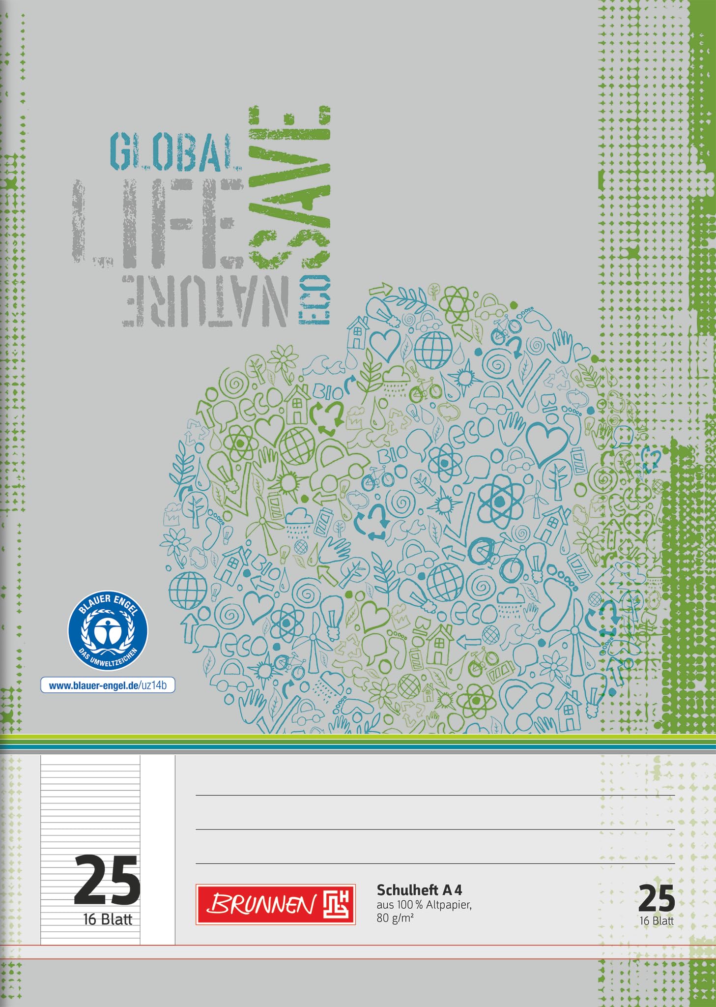 Brunnen 104412501 Exercise Book Recycled A4 (16 Pages Lined with Margin) Type 25