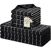 Homaxy Kitchen Towels and Dishcloths Set, 12 x 12 and 13 x 28 Inches, Set of 8 Bulk Cotton Terry Kitchen Towels Set, Checkered Designed, Soft and Super Absorbent Dish Towels, Black