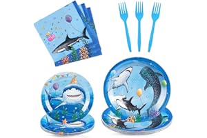 WERNNSAI Shark Party Plates Napkins - 64PCS Under The Sea Birthday Party Decorations for Kids Boys Plates Napkins Forks Dispo