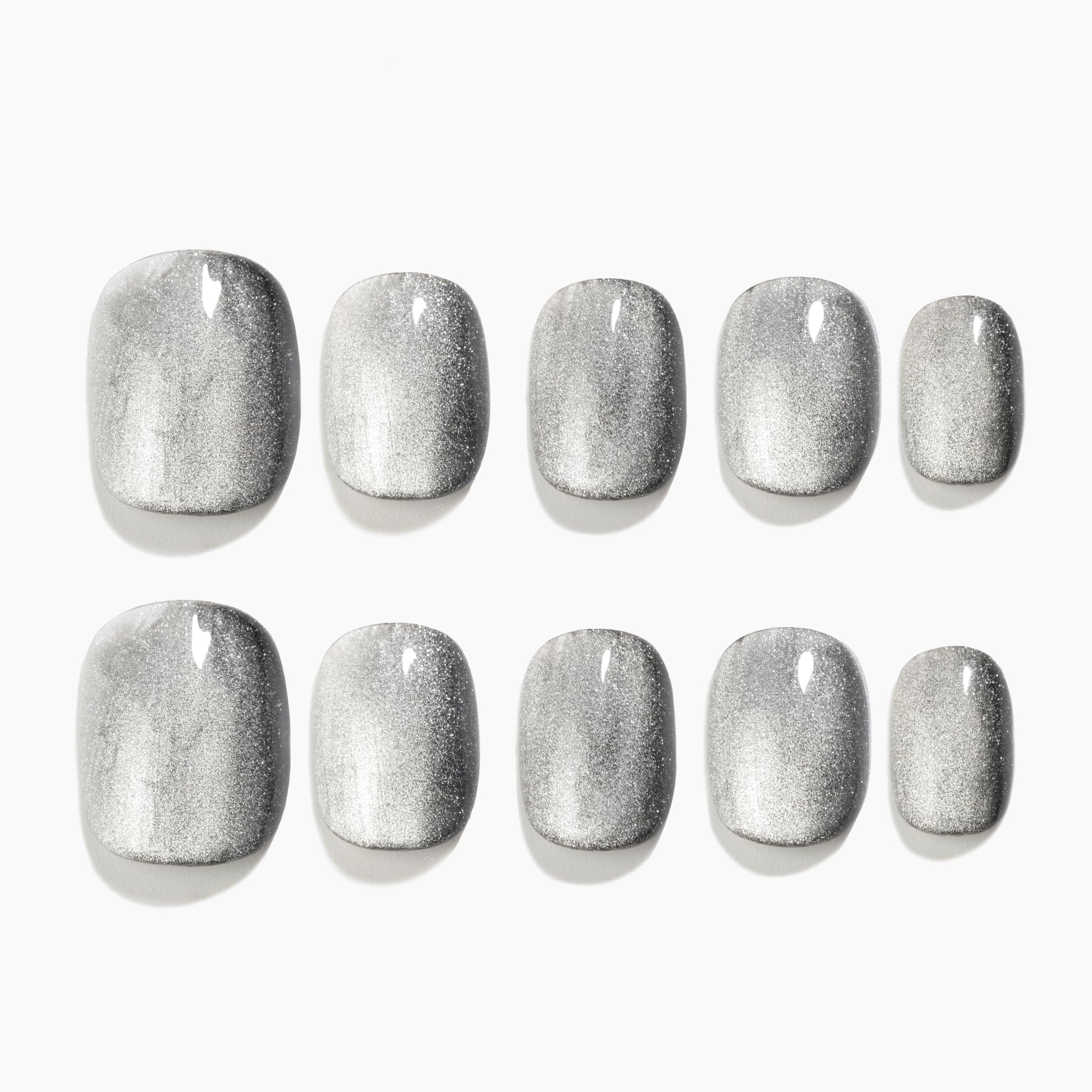 Sun&Beam Nails Handmade Press On Short Round with Silvern Black Cat Eye Design Charm Cute False Nail Tips 10 Pcs (#107 S) — image 1