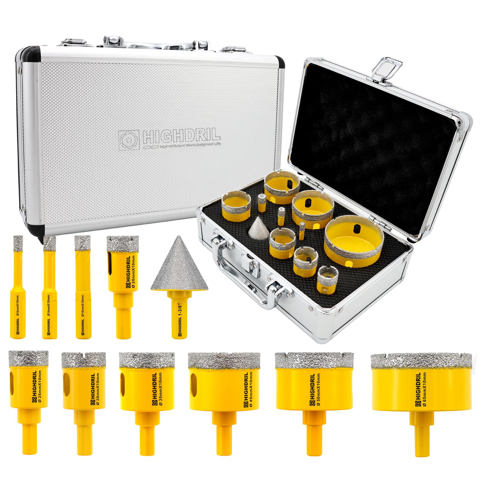 HIGHDRIL Diamond Drill Bit Kit Vacuum Brazed Hole Saw 6/8/10/20/25/28/35/45/50/65mm with Triangle Shank+35mm Hex Shank Chamfer Beveling Bit for Porcelain Tile Ceramic Marble Brick Granite — image 1