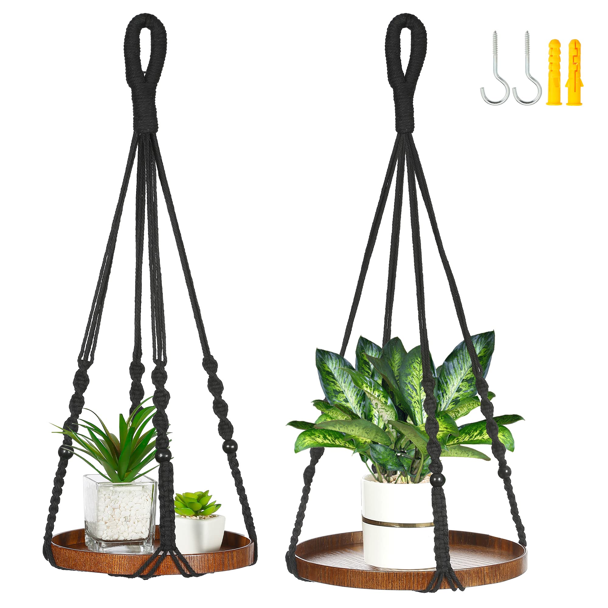 Photo 1 of Shineloha 2 Pack Macrame Plant Hanger | Plant Hanger Indoor, Hanging Planter Shelf | Hanging Planter (Black) (1 Large + 1 Medium)