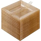 Goodluck 120PCS 6.5"Square Gold Glitter Dessert Plastic Plates with 7.4"Forks, Gold Appetizer Plates for 60 Guests, Including 60 Disposable Cake Plastic Plates and 60 Forks for Wedding/Birthday Party