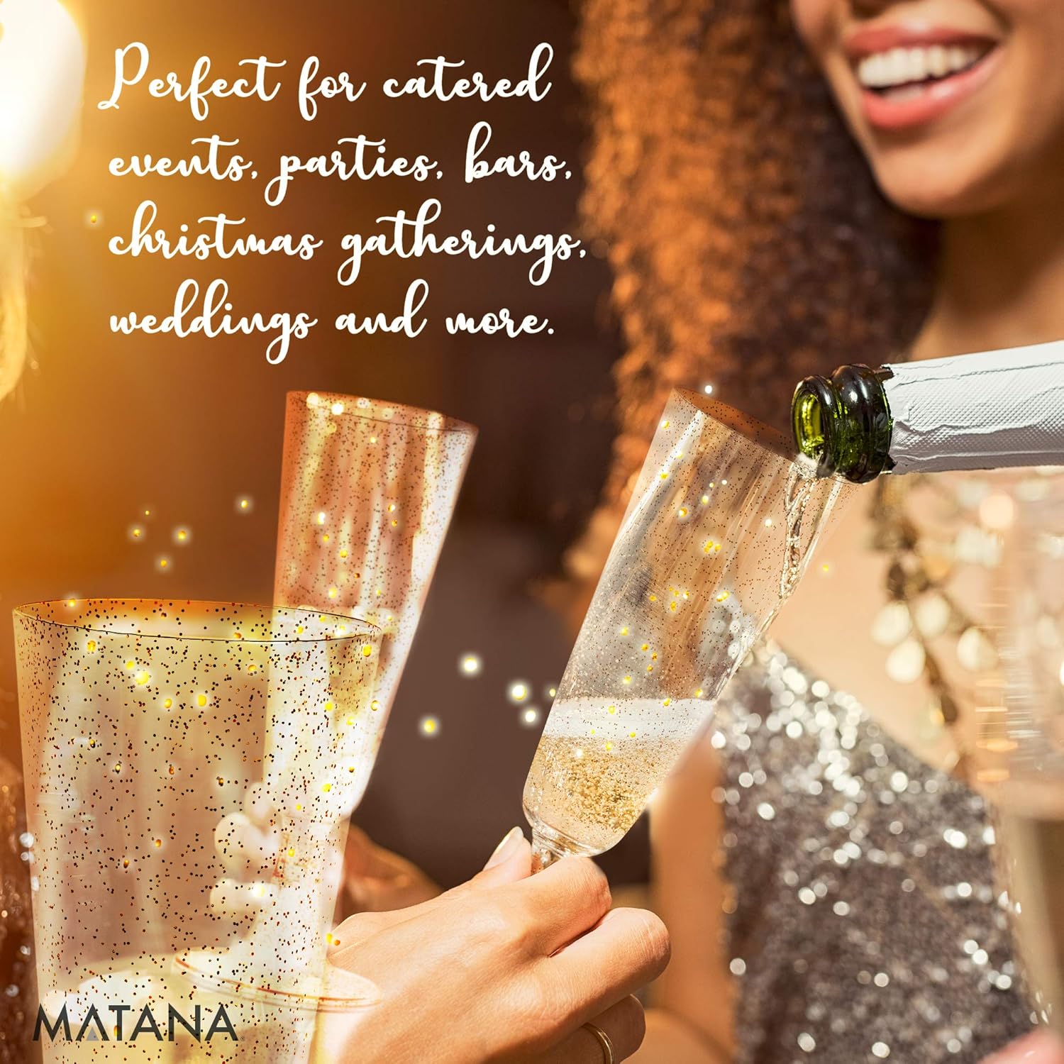 MATANA 50 Premium Plastic Champagne Flutes with Gold Glitter, 150ml / 5oz, Reusable Prosecco Glasses, Champagne Glasses - Image 4