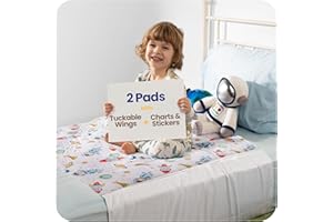 IMPROVIA® Toddler Bed Wetting Pad – 2 Pack 34x36 Waterproof Mattress Protector with Tuckable Wings – Ultra Absorbent, Non-Slip Washable Underpad for Kids & Potty Training – Space Design (Space)