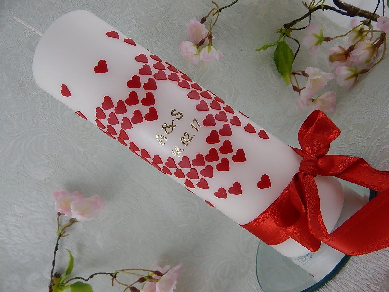 Personalised wedding candles for ceremony wedding candle 1000 hearts gifts wedding gift ideas candle red with gold handmade 250x70 mm