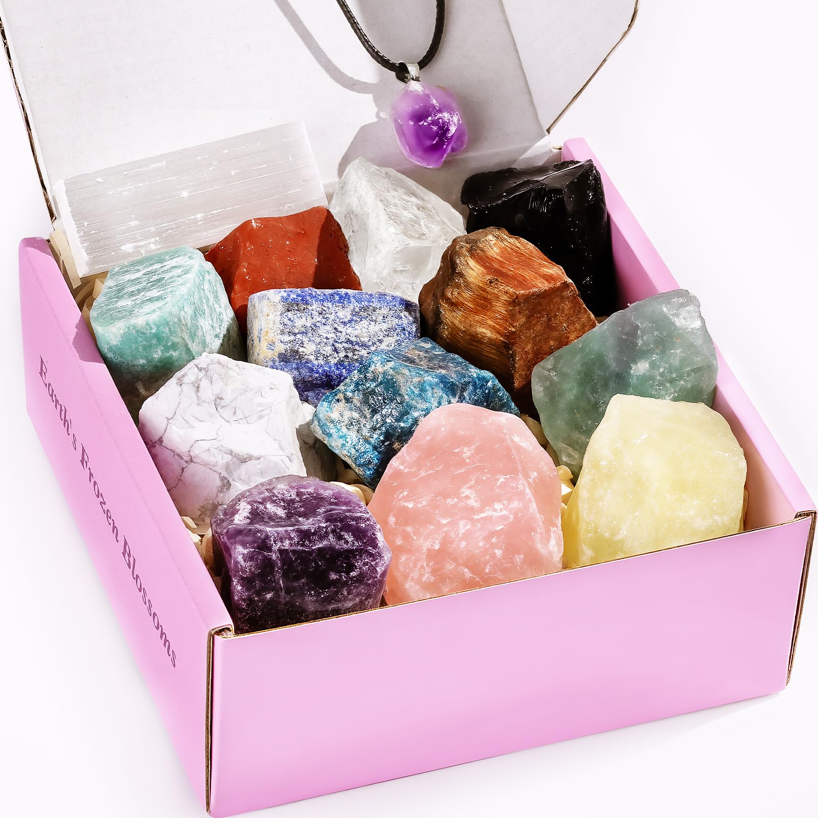 Photo 1 of 14Pcs Crystals and Healing Stones, Real Healing Crystals, Raw Crystals, Selenite Charging Plate, Amethyst Necklace, Rose Quartz
