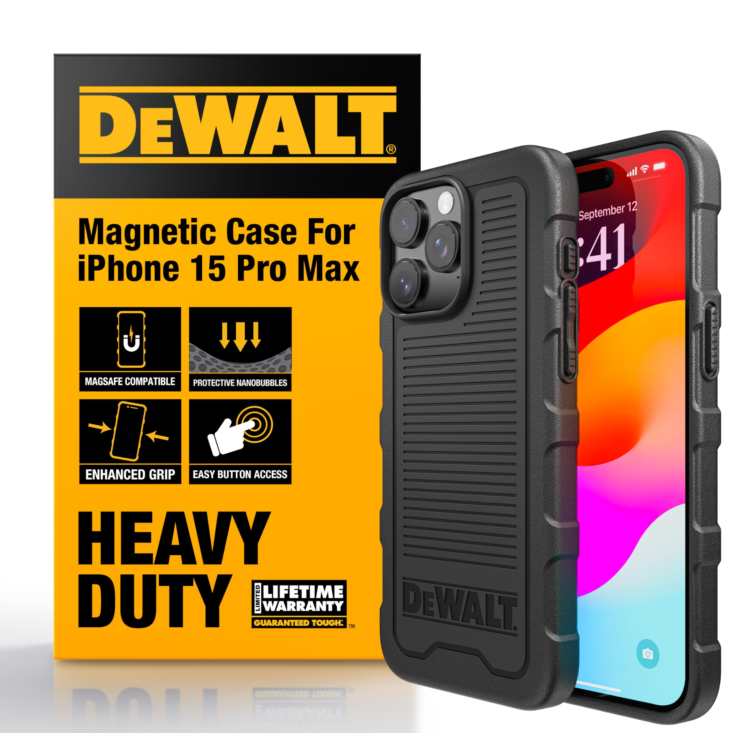 DEWALT Heavy Duty Strong Magnetic for iPhone 15 Pro Max Case, Fits MagSafe, Drop Resistant, Impact Protective Back Cover, Shockproof Slimfit for iPhone 15 ProMax Phone Case, Matte Black