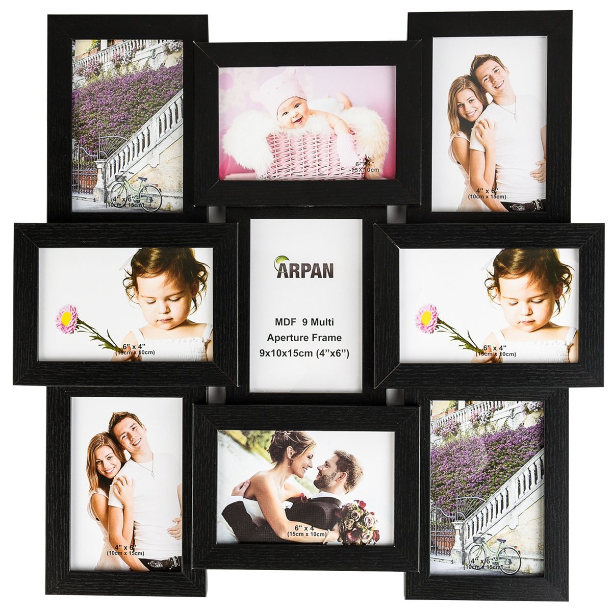 ARPAN MDF Multi Aperture Photo Picture Frame - Holds 9 X 6''X4'' Photos
