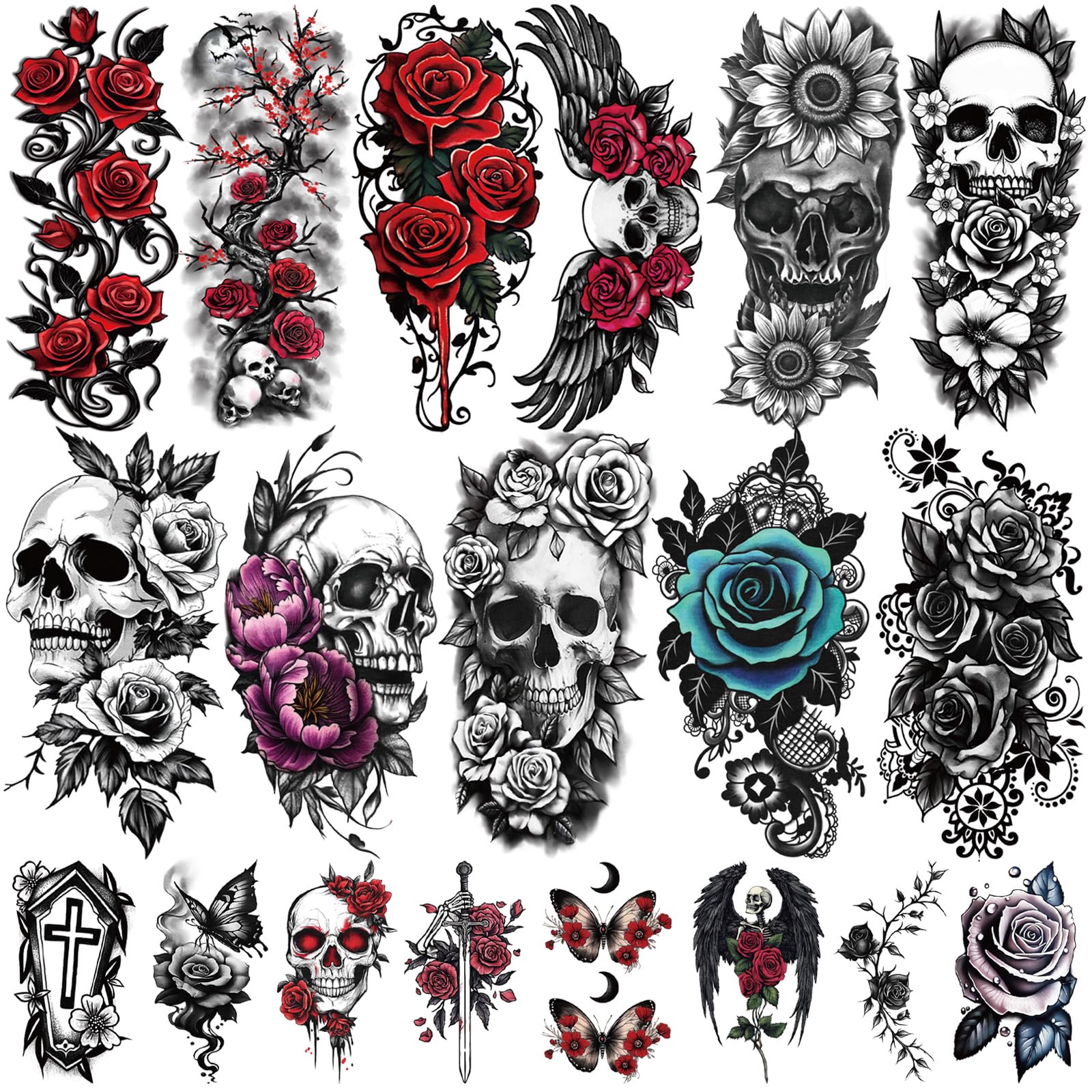 Photo 1 of 77 Sheets Skull Flower Realistic Temporary Tattoos For Women Men Adult, Large Rose Bones & Flowers Floral Fake Tattoos Girl, Skeleton and Spooky Halloween Temp Tatoo Sticker Thigh Back Leg Body Art