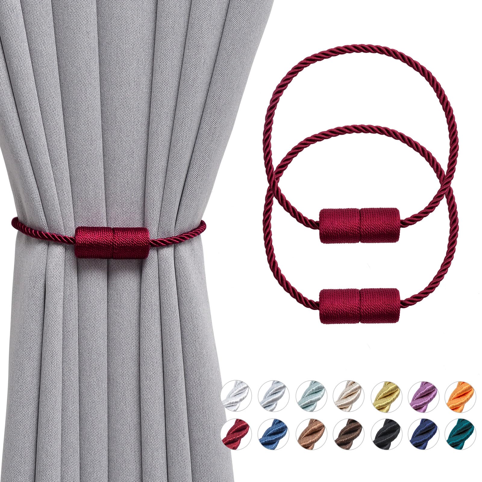 Pretty Jolly 2 Pack Magnetic Curtain Tiebacks 16 Inch Handmade Weave Side Rope Curtain Holdbacks Convenient Decorative Cylinder Curtain Drape Tie Backs for Home & Office Window Drapery (Wine Red)