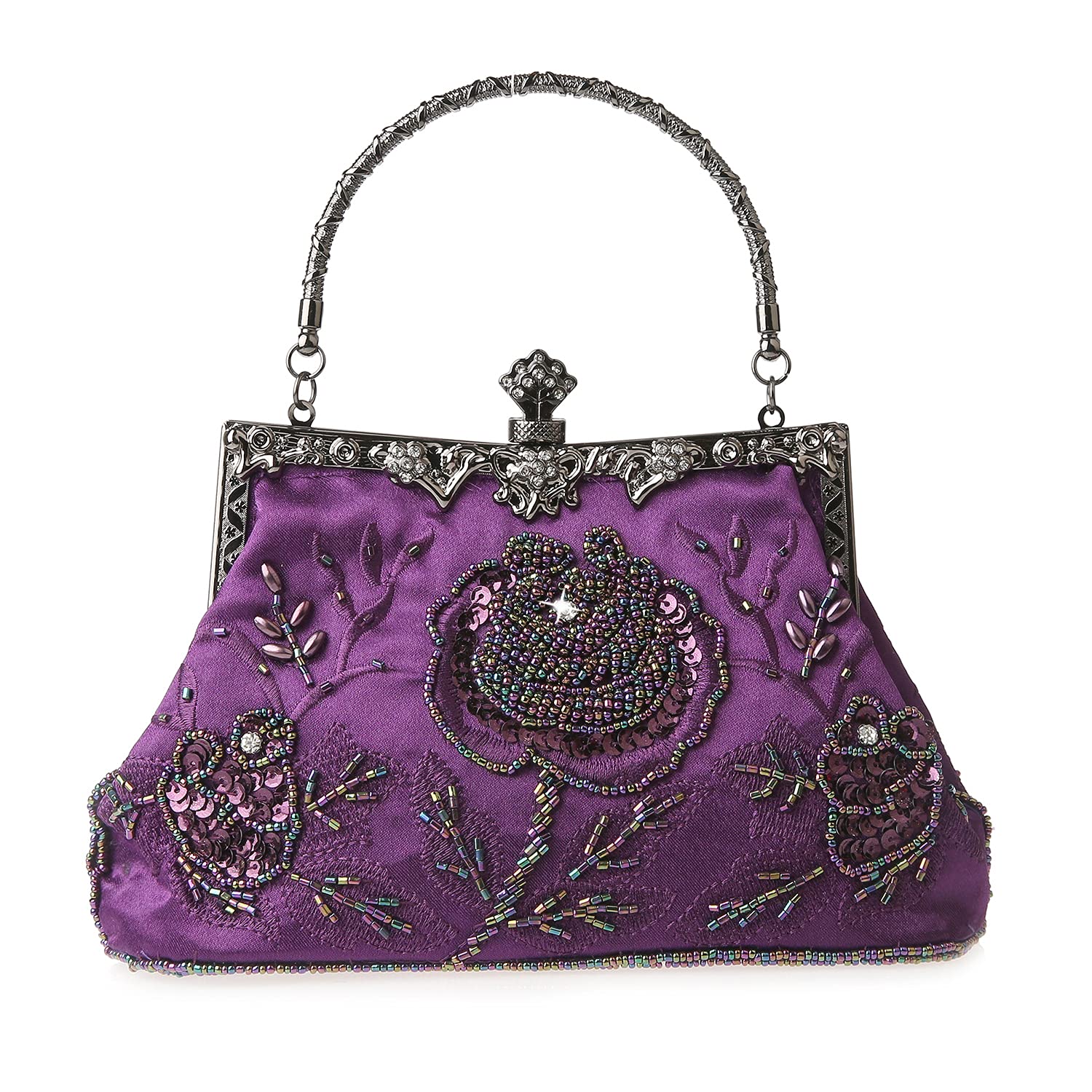 MMYOMI Vintage Floral Beaded Rhinestone Embroidery Clutch Sequin Wedding Party Prom Bag Bridal Ladies Crossbody Evening Handbag (Purple)