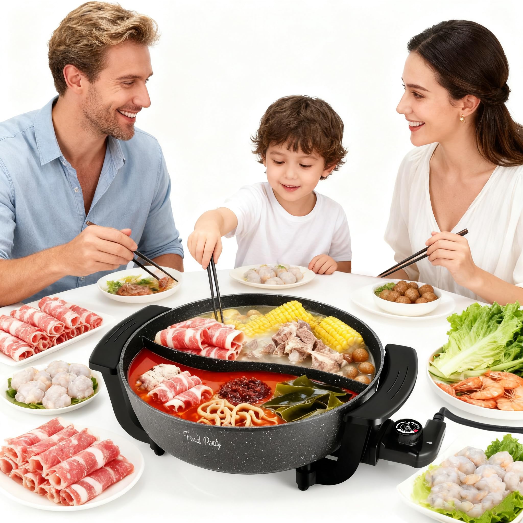 Food Party Electric Hot Pot with Divider Hotpot Pot Electric Hopot Cooker Shabu Shabu Pot 110V 1200W Non-Stick 6-Quart BPA FREE Fondue Chinese Hot Pot
