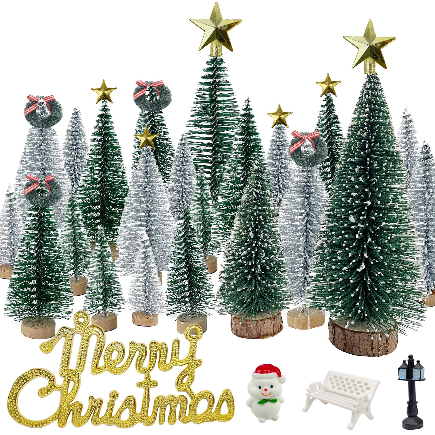 NotiGat Miniature Christmas Pine Tree Mini Bottle Brush Christmas Trees Table top Village Winter Tree for Christmas Decorations Wooden Bases （36pcs）