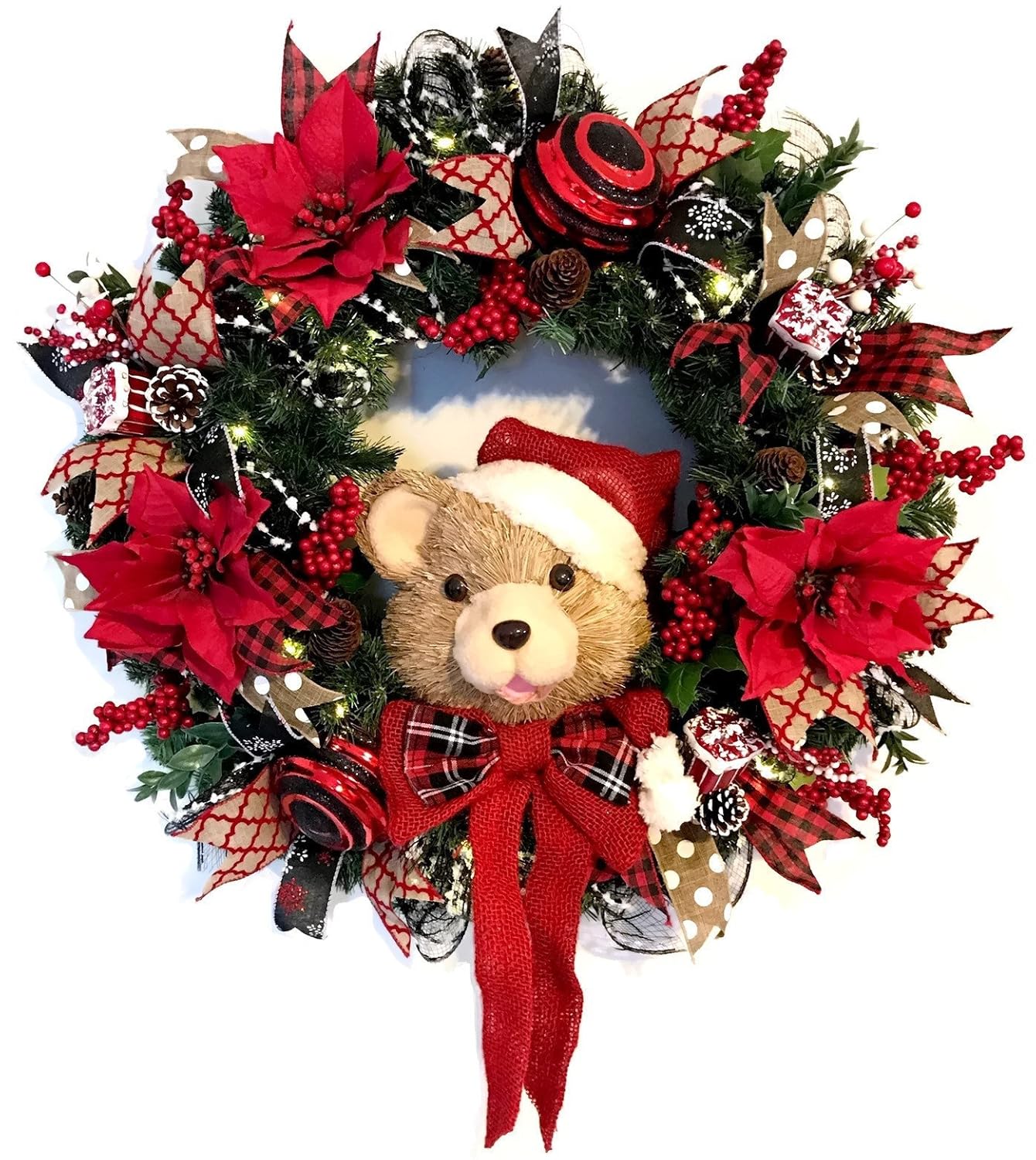 Rustic Teddy BEAR CHRISTMAS WREATH with Poinsettia, Berries