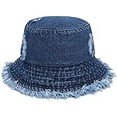 WULIQIUQIU Denim Bucket Hat for Women Ripped Sun Hat Outdoor Cap