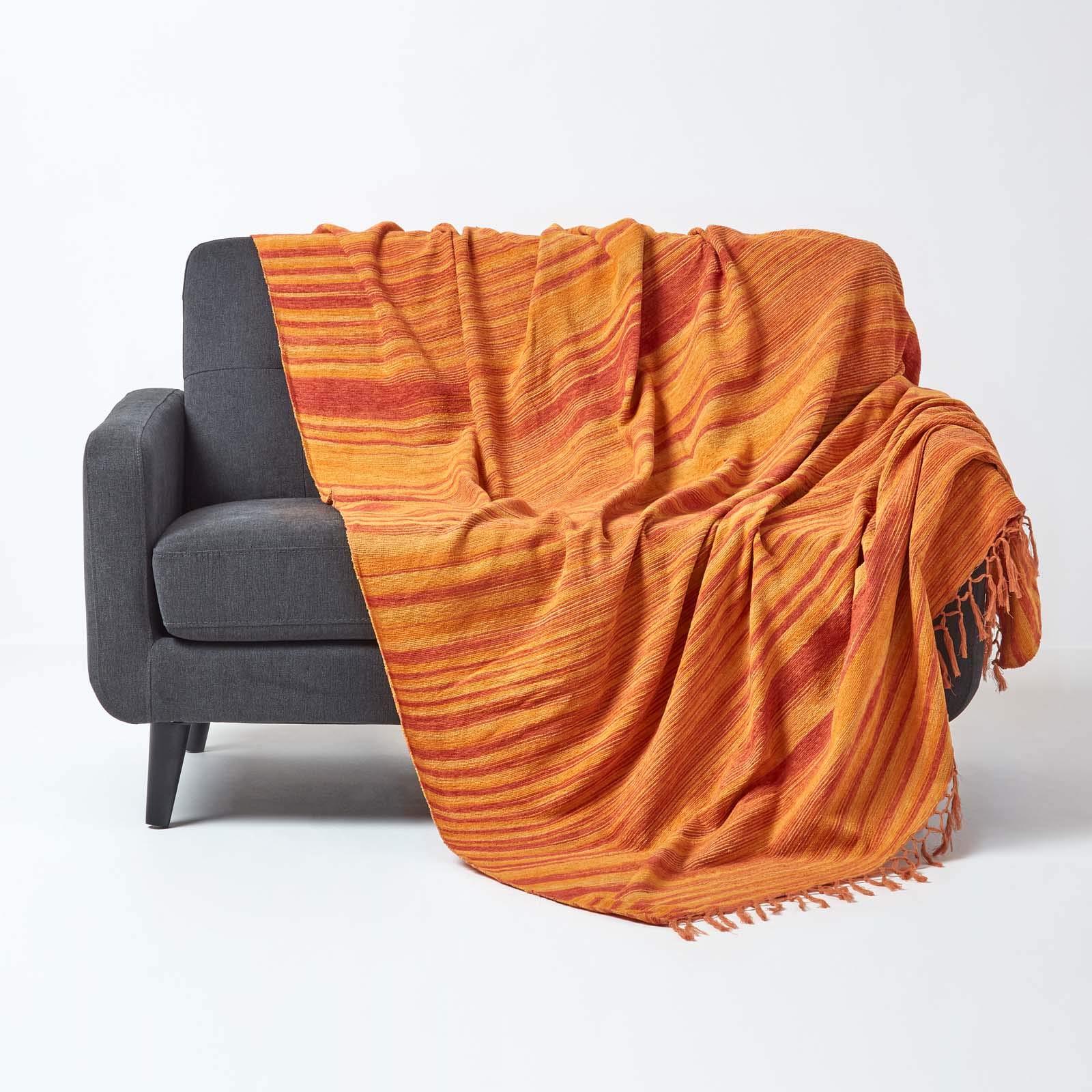 HOMESCAPES Bed Sofa Throw Cotton Chenille Tie and Dye Orange 150 x 200 cm or 60 x 79 inches