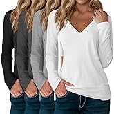 Sweetyweee 4 Pack Women's Long Sleeve Nursing Shirts with Hidden Zipper V Neck Breastfeeding Clothes Maternity Loose Fit Tops