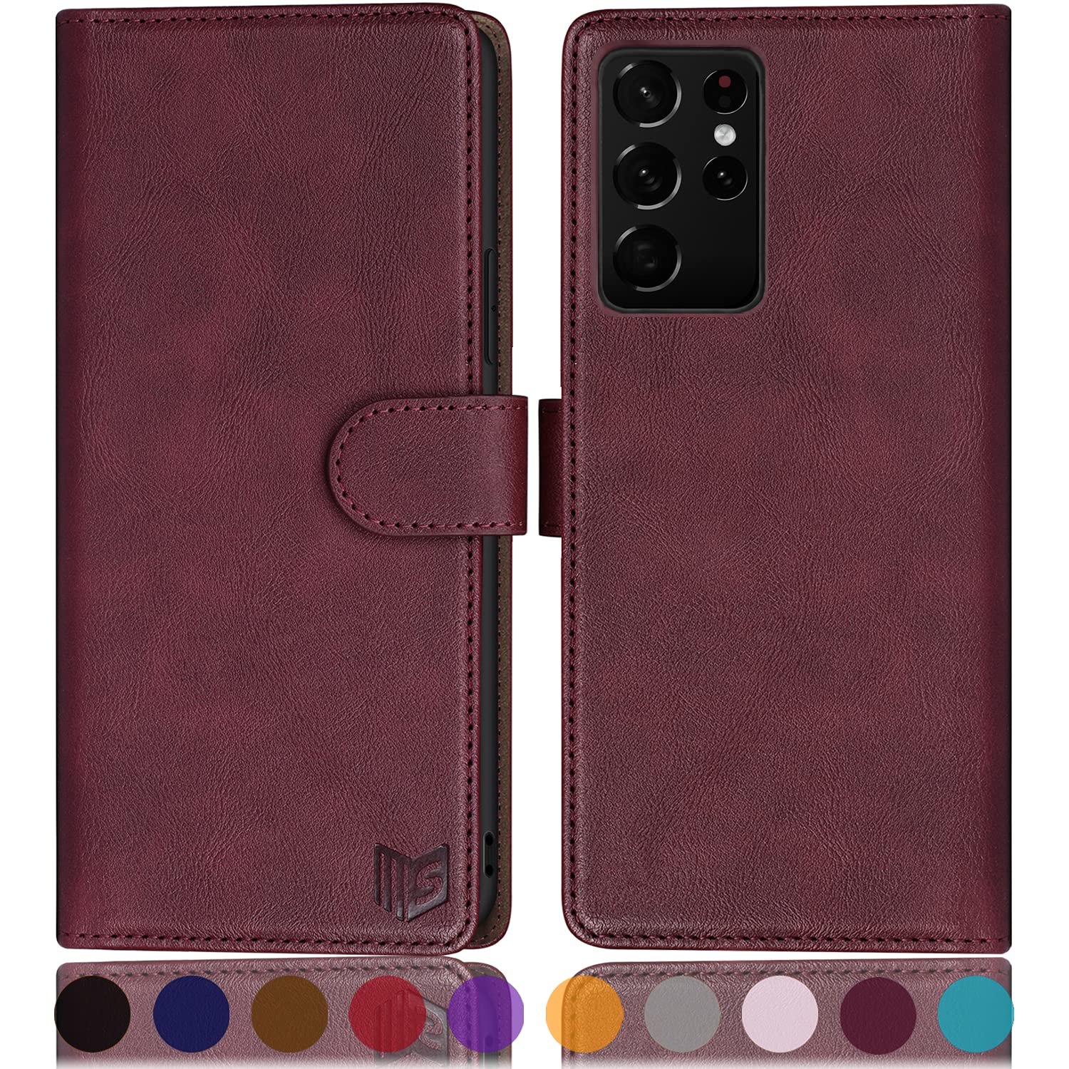 SUANPOT for Samsung Galaxy S21 Ultra 6.8" with RFID Blocking Leather Wallet case Credit Card Holder,Flip Folio Book Phone case Shockproof Cover Women Men for Samsung S21 Ultra case Wallet Wine Red