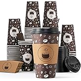 JOLLY PARTY Disposable Coffee Cups with Lids, Sleeves and Straws - 16oz(100 Pack) Paper Coffee Cups with Lids, Durable, BPA Free Hot Cup for Shops, Cafes, and Concession Stands(Dark Brown)