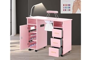 EtherealZYF Manicure Table for Technician with Charging Station, Nail Table Nail Desk w/Electric Dust Collector & Wrist Rest Cushion, Non-Woven Drawers, Nail Polish Shelves, Lamp Pink