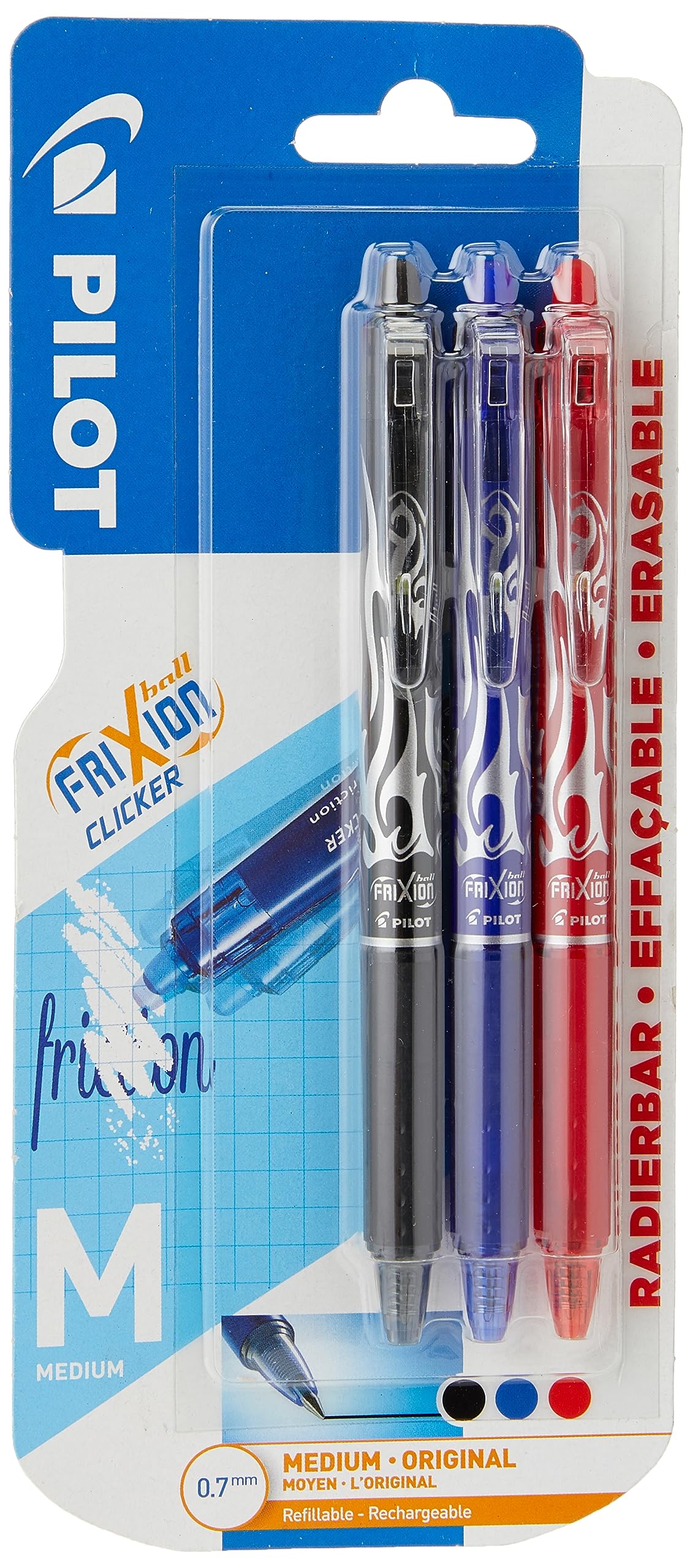 Pilot Frixion Clicker Retractable Erasable Rollerball, 0.7 mm Tip - Black/Blue/Red, Pack of 3 — image 1