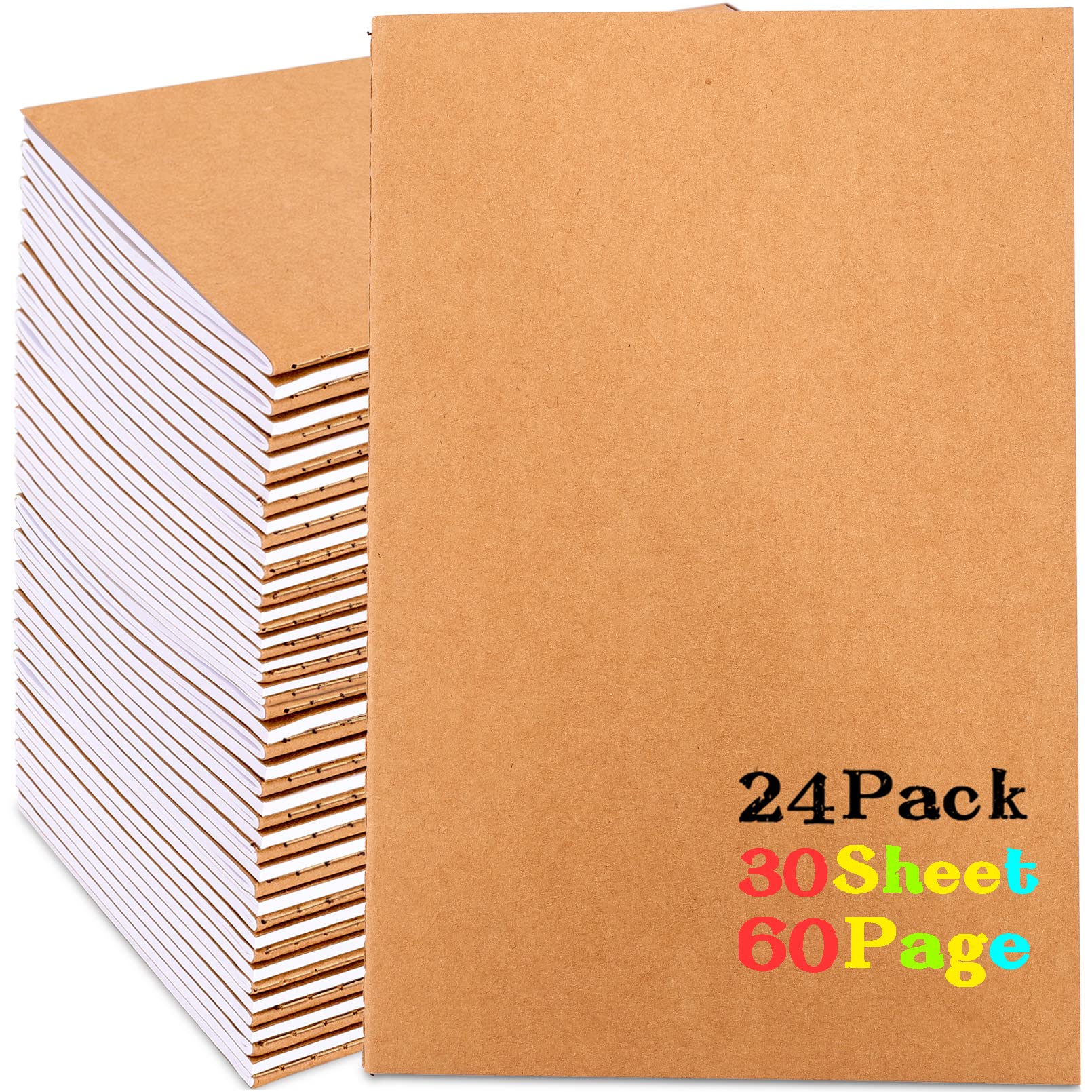 Incisite 24 Pack Kraft Notebooks,Soft Cover Composition Notebooks,A5 Blank Notebook Bulk Set,Travel Journal Set for Travelers, Students,Office,School Supplies,60 Blank Pages,30 Sheets,8.3x5.5 inch