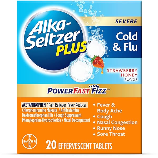 ALKA-SELTZER PLUS POWERFAST FIZZ, SEVERE COLD & FLU MEDICINE, STRAWBERRY HONEY EFFERVESCENT TABLETS, 20CT