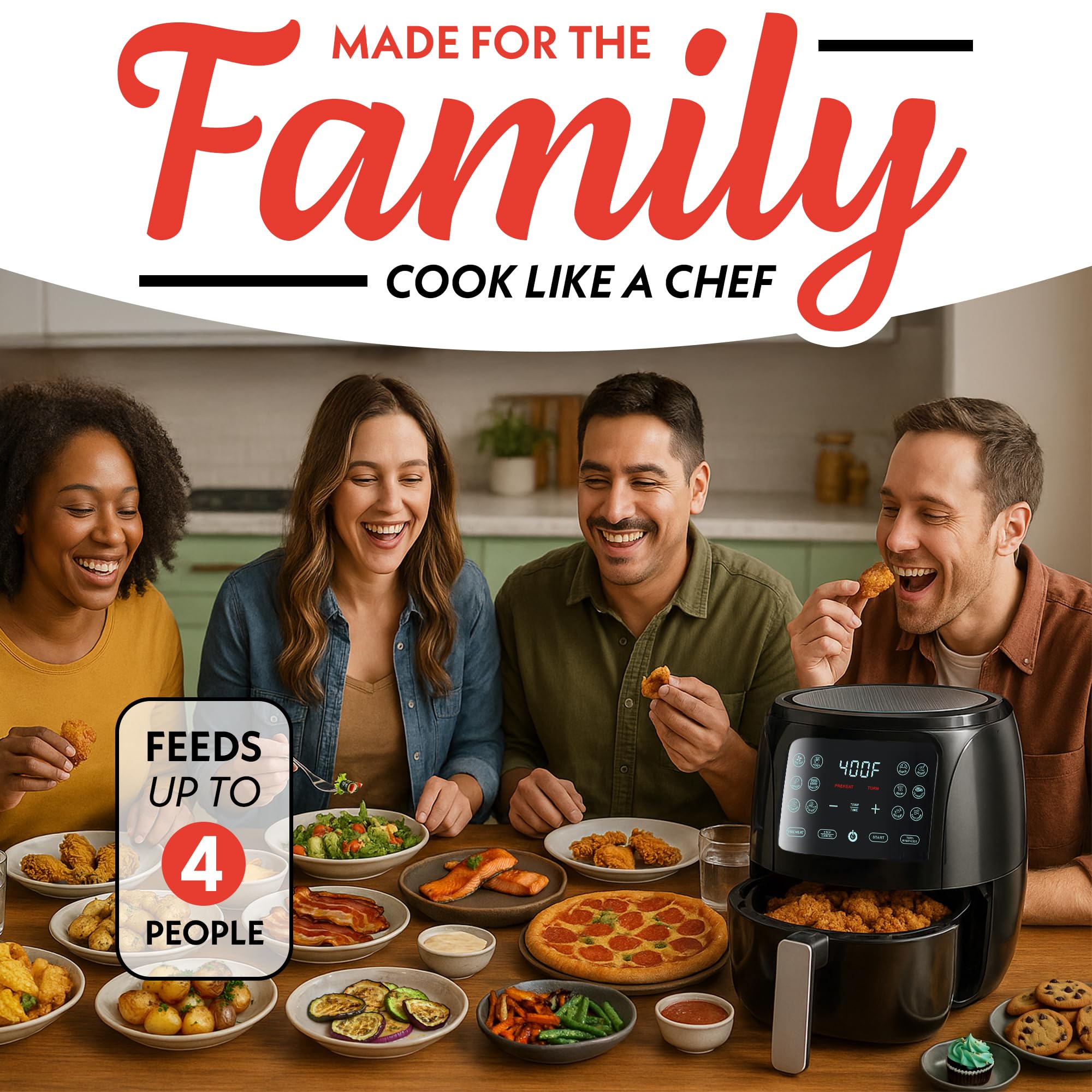 Horno freidora de aire Gourmia, pantalla digital, freidora de aire grande de 4 cuartos, 12 ajustes preestablecidos de cocción de 1 toque, detalles en negro y acero inoxidable Fry Force GAF486