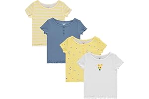 BTween 4-Pack Rib Knit Girls Tops - Short Sleeve Lettuce Trim Ribbed Girl Shirts - Stripe/Floral/Solid