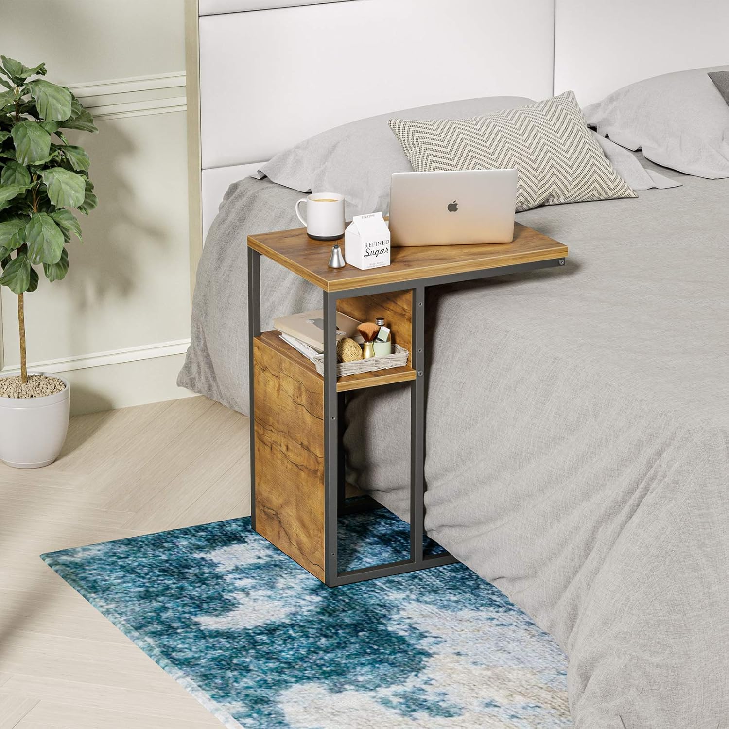 Cubiker Sofa Side End Table, C Shaped Reversible Table with Wooden Shelf, Side Table for Living Room, Bedroom, Metal Frame Nightstand: Kitchen & Dining